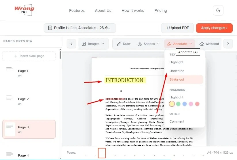 Annotating text on a PDF page